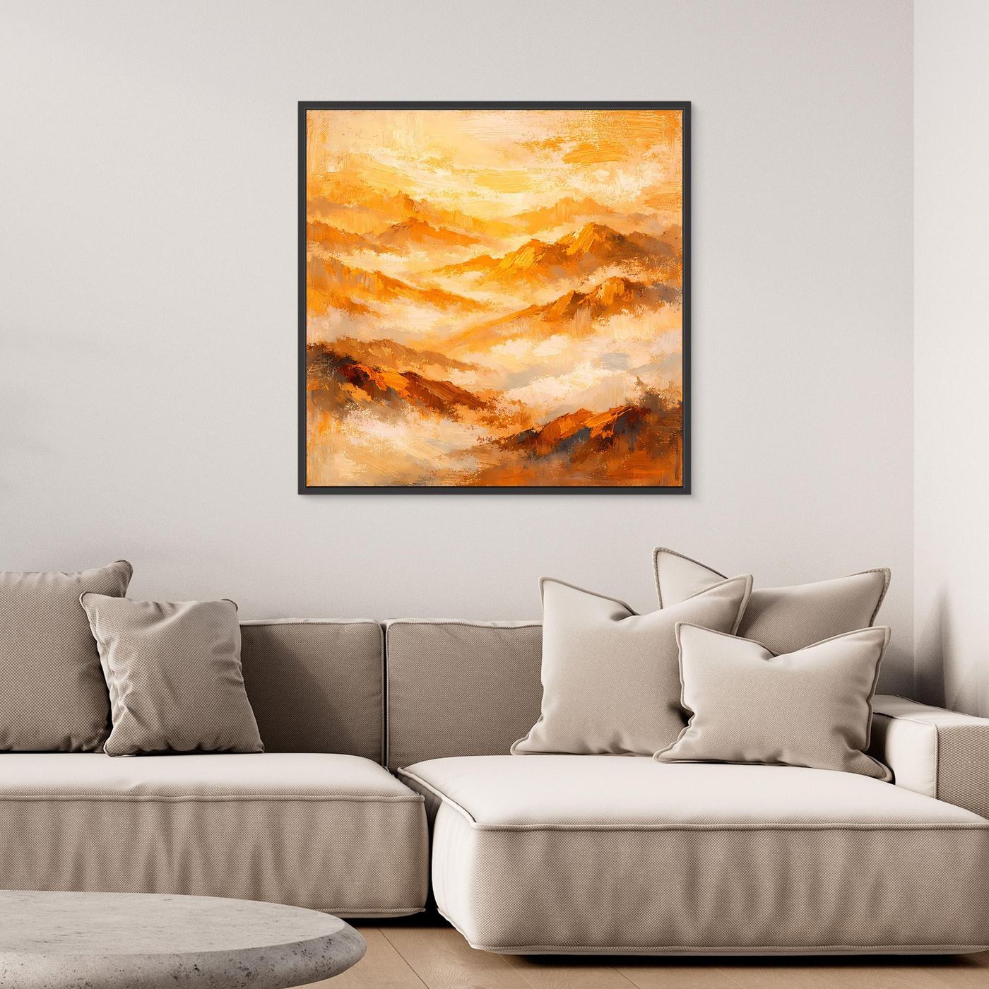 Gerahmtes Leinwand-Wandbild mit abstrakten Bergen, warme Orange- und Brauntöne