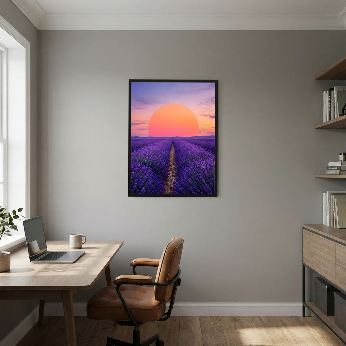 Schwarz gerahmtes Hochformat-Poster: violettes Lavendelfeld, große orangefarbene Sonne im Abendhimmel