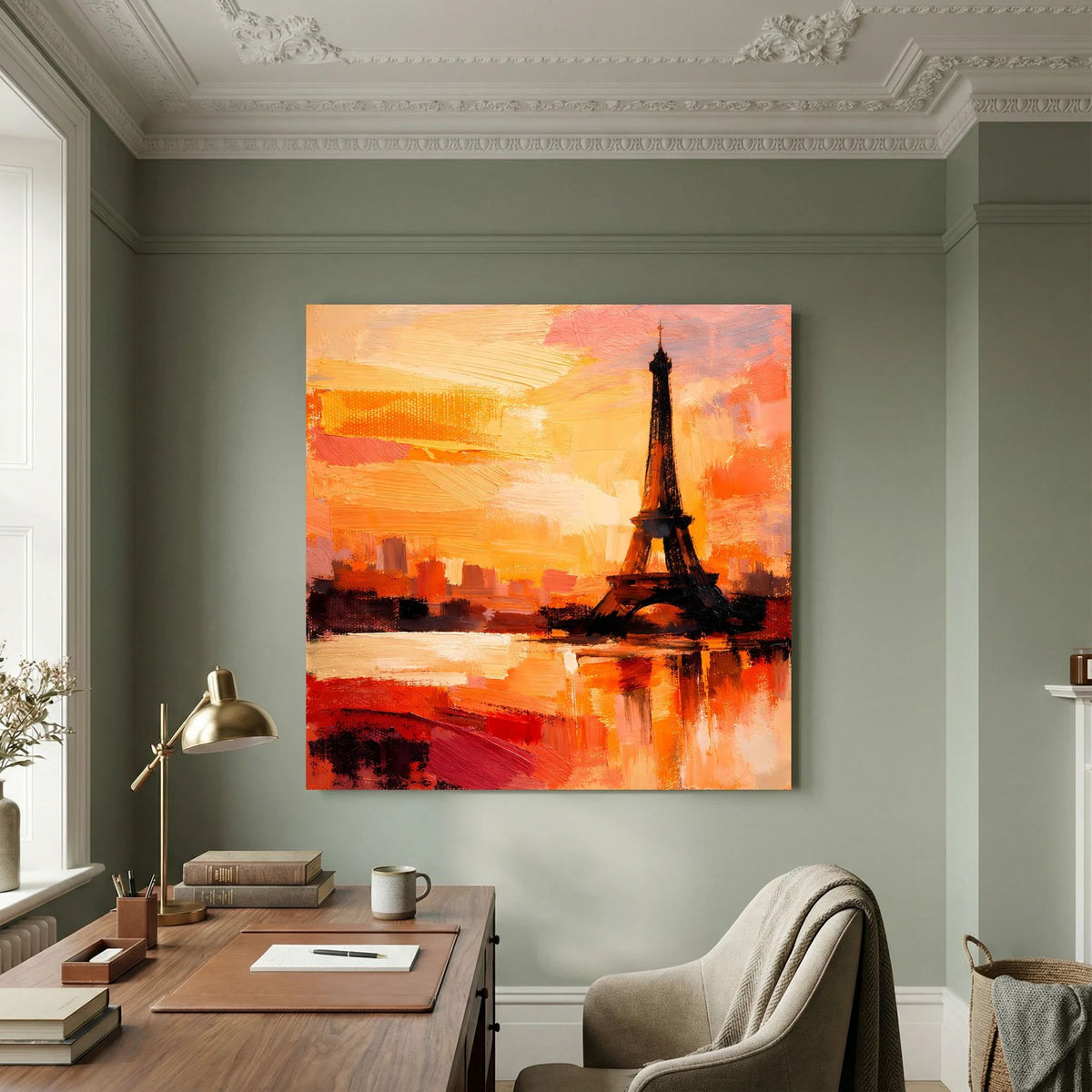 Leinwand Abstraktes Eiffelturm Paris Gemälde | Modernes Romantisches Wandbild Sonnenuntergang