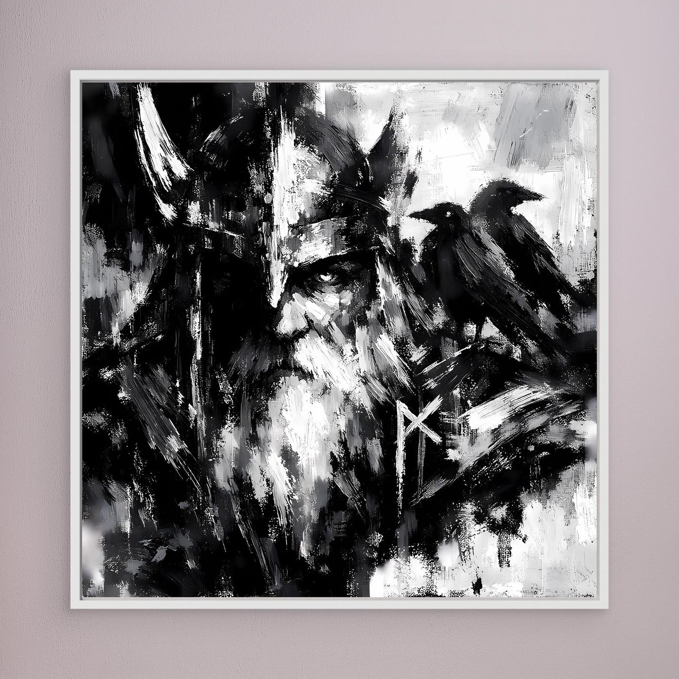 Leinwand-Wandbild mit Odin und Rabe, expressive Pinselstruktur in Schwarzweiß, weißer Rahmen.