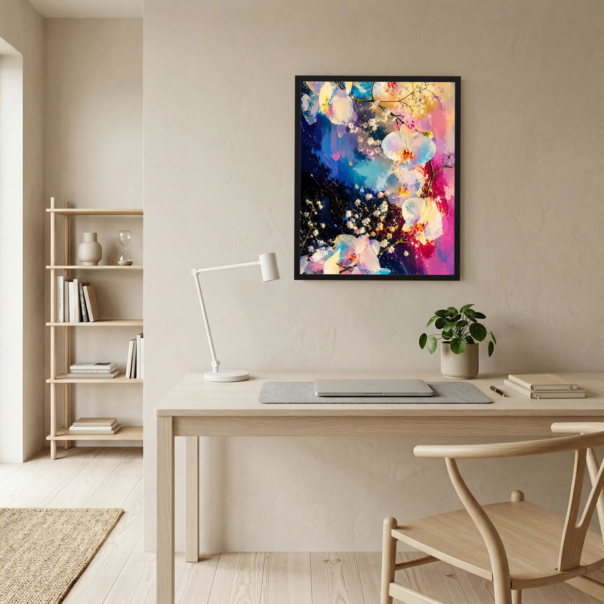 Schwarz gerahmtes Orchideen-Poster, abstrakte Blüten in kräftigen Rosa- und Blautönen
