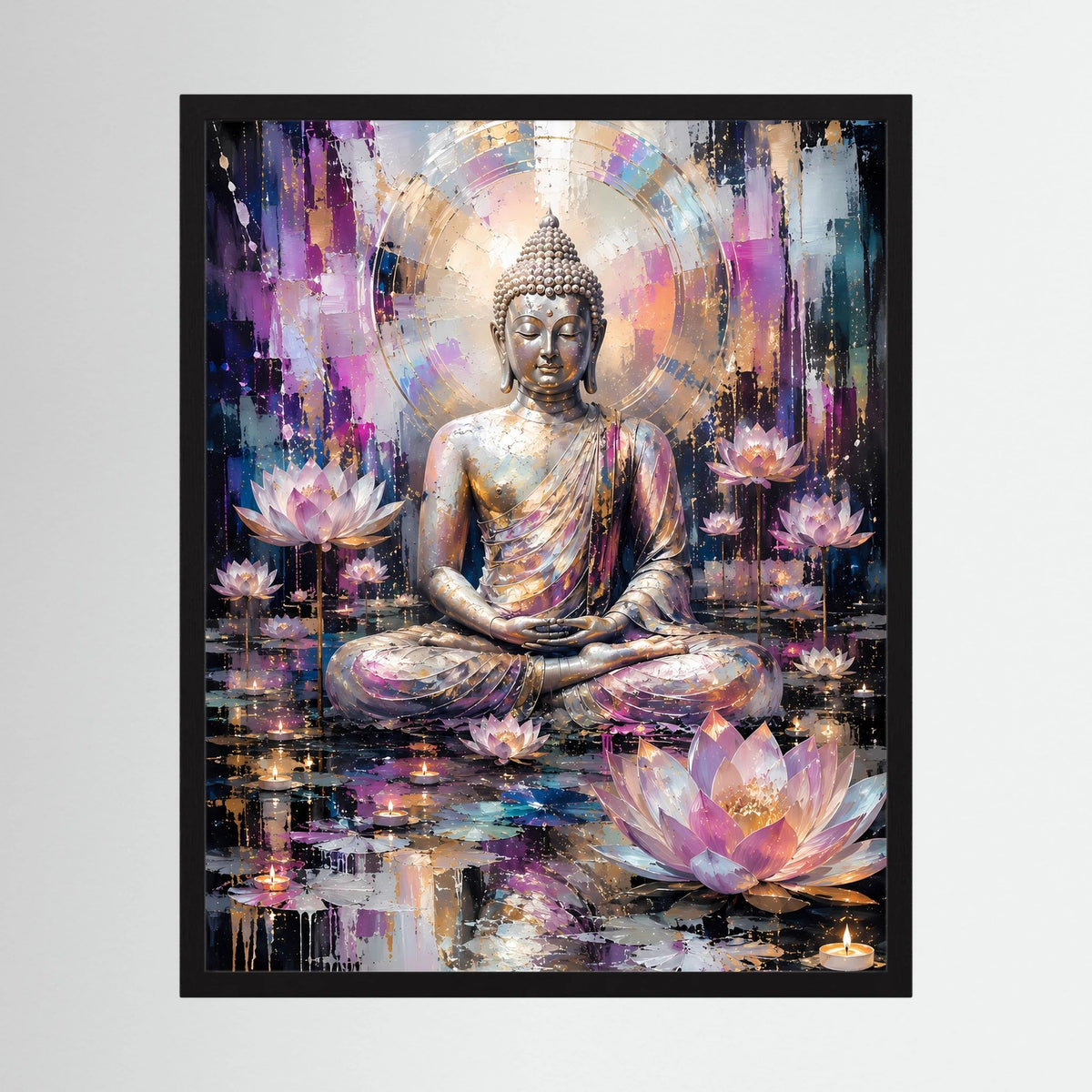 Gerahmtes Poster mit sitzendem Buddha und Lotusblüten in Gold-, Rosa- und Blautönen