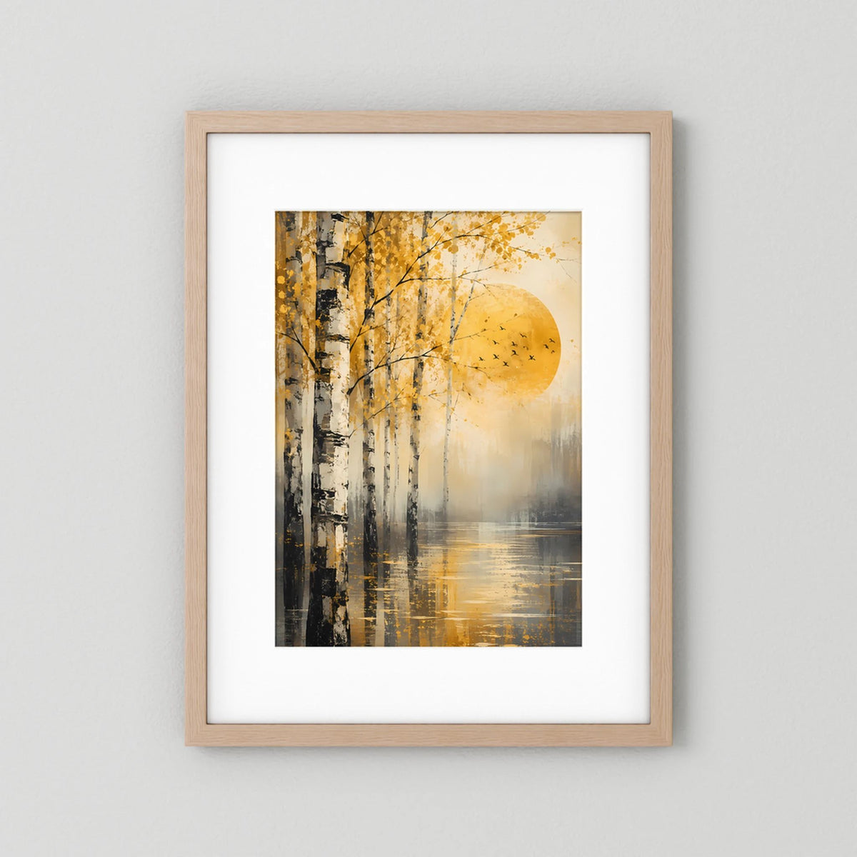 Hochformat-Poster im hellen Holzrahmen mit weißem Rand: Birken, goldene Sonne, Vögel