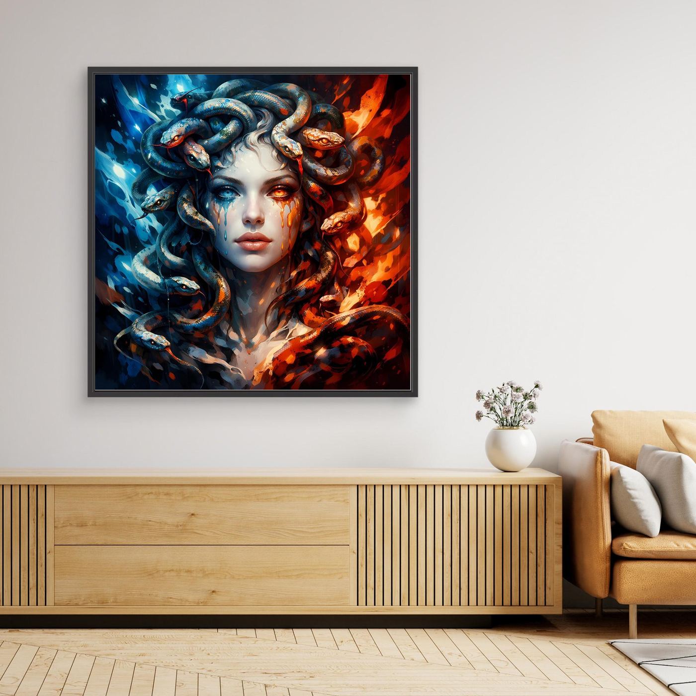 Leinwand Mystische Medusa im Feuer- und Eis-Kontrast | Modernes Fantasy Wandbild