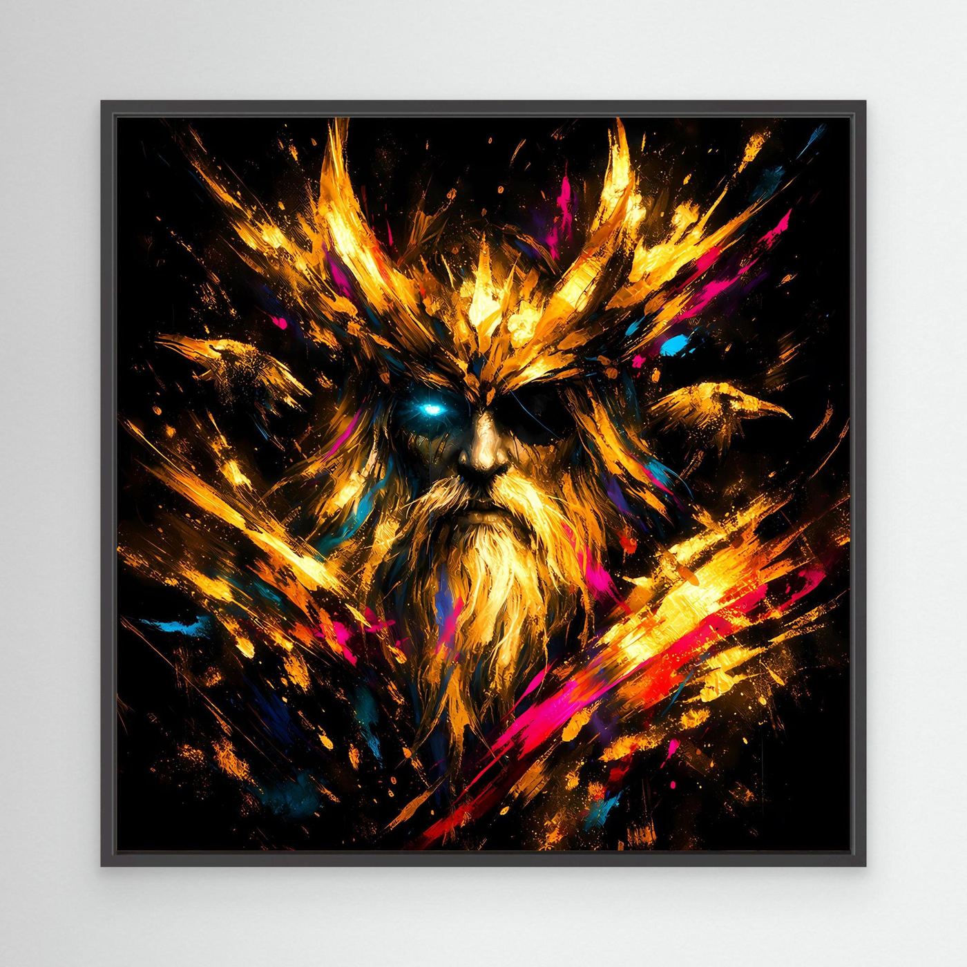Leinwand Goldener Odin der Allvater mit Raben | Modernes Nordisches Mythologie Wandbild