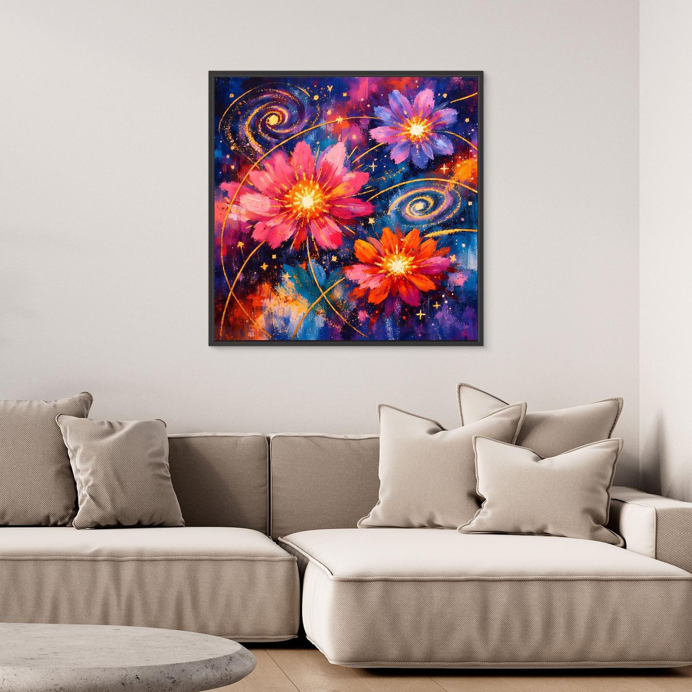 Leinwand-Wandbild mit kosmischen Blüten, Sternen und Spiralnebeln im schwarzen Rahmen.