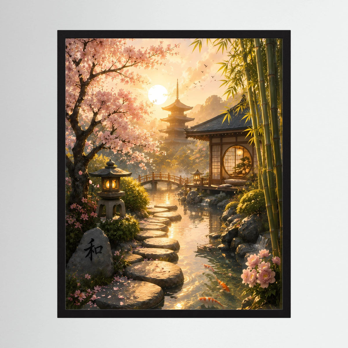 Hochformatiges Poster mit schwarzem Rahmen: Zen-Garten mit Kirschblüten, Bambus und Wasserlauf