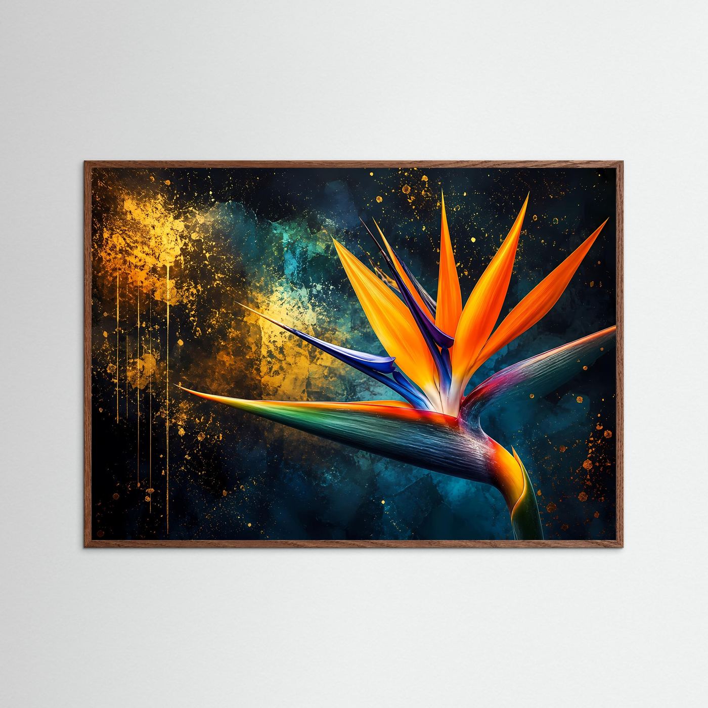 Strelitzie Poster | Paradiesvogelblume Wandbild Modern | Exotische Blume mit Gold und Dunklem Hintergrund