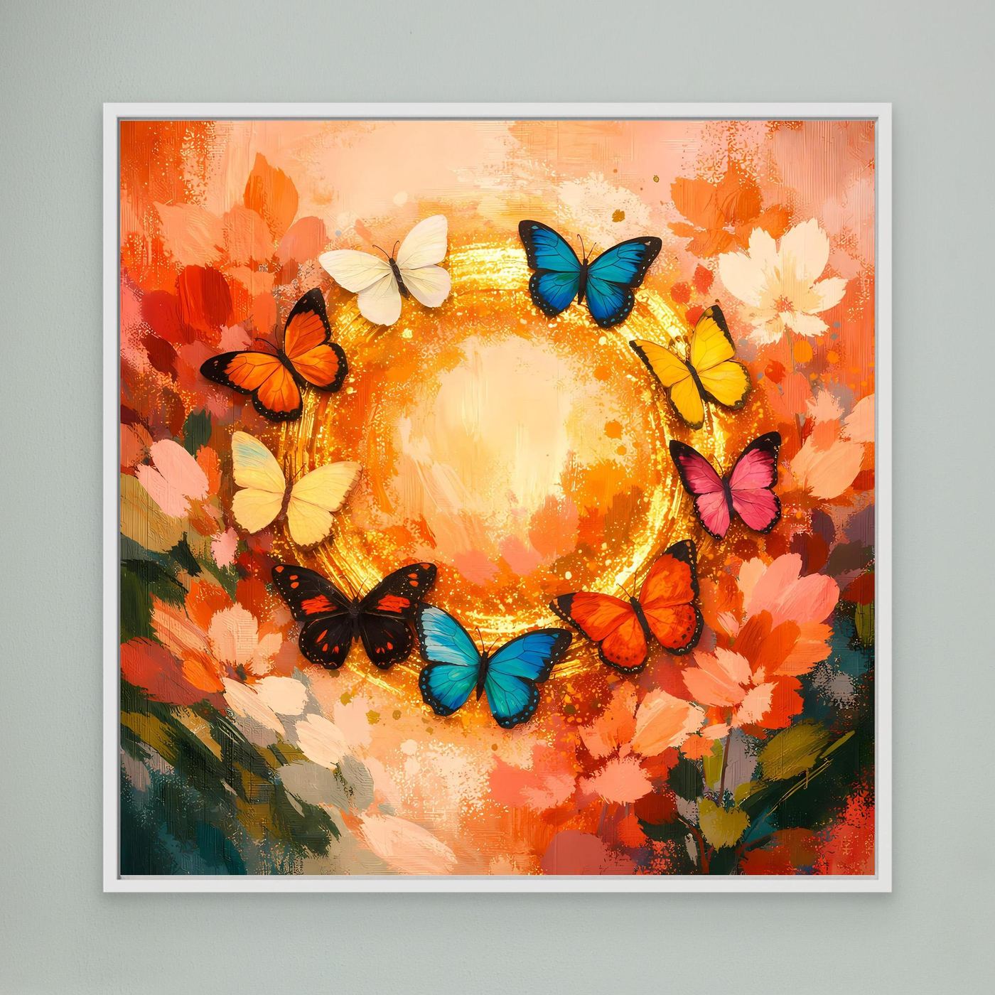 Leinwandbild mit Schmetterlingskreis: bunte Schmetterlinge um goldenen Mittelkreis, orange Blumen, weißer Rahmen