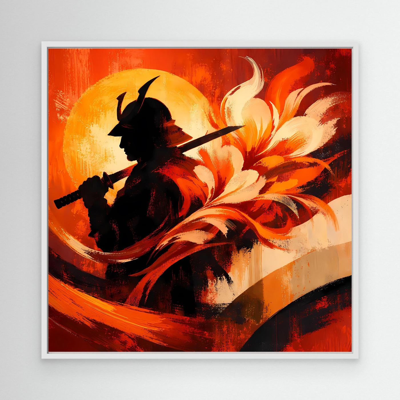 Japanisches Leinwand-Wandbild mit schwarzer Samurai-Silhouette und roten Flammen, weißer Rahmen