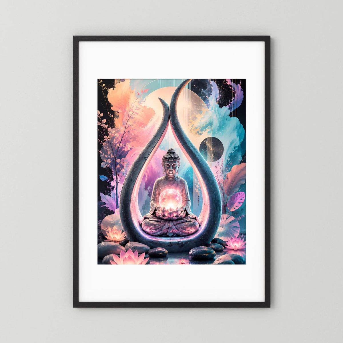Hochformat-Poster im schwarzen Rahmen mit weißem Rand, Buddha und Lotus