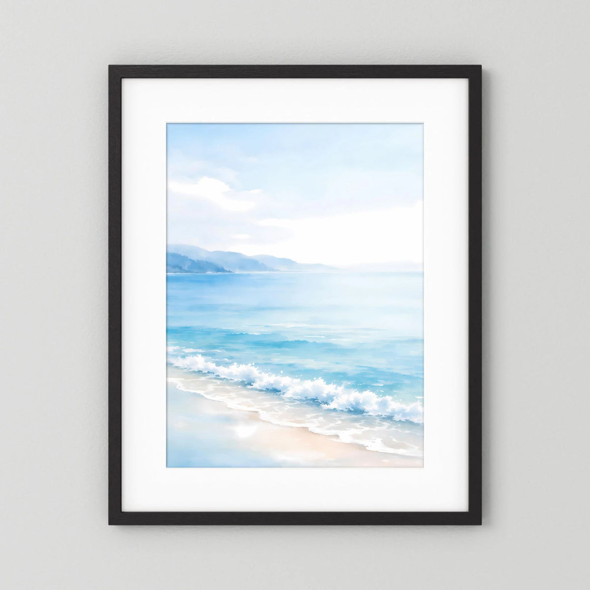 Wandbild mit Küste und Meerblick, vertikal, schwarzer Rahmen und weißer Rand