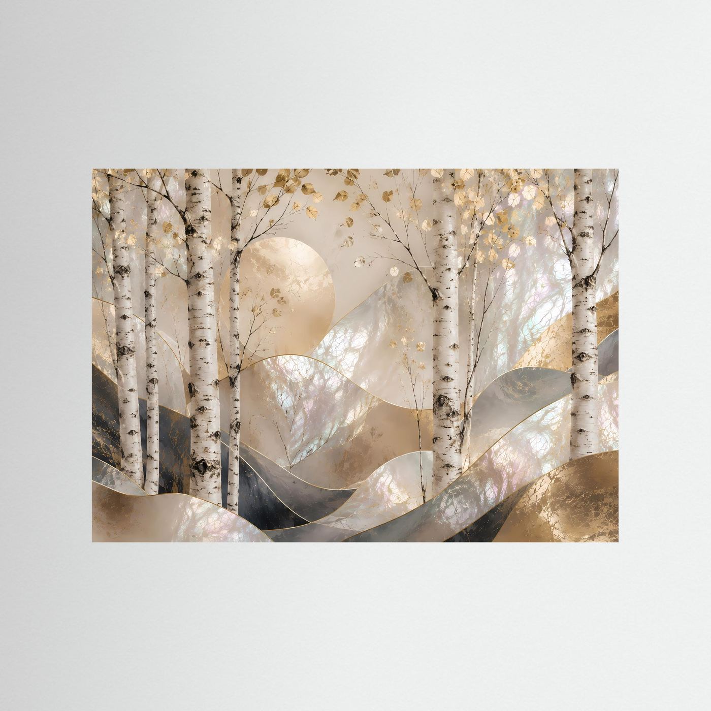 Querformat-Poster mit Birkenwald-Motiv in Perlmutt und Gold, ohne Rahmen.