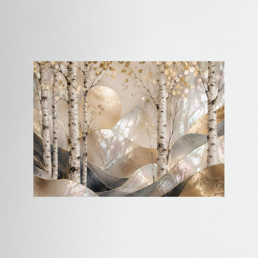Querformat-Poster mit Birkenwald-Motiv in Perlmutt und Gold, ohne Rahmen.