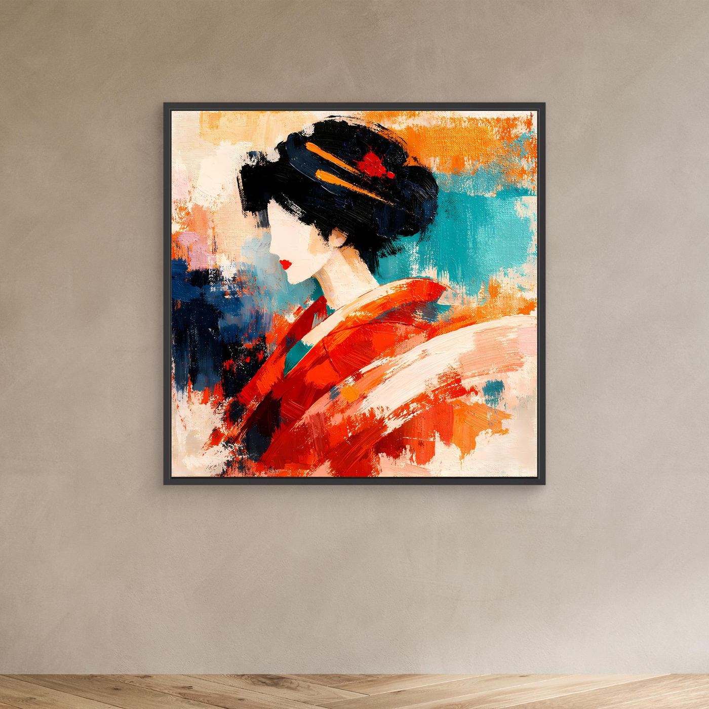 Dark-framed canvas wall art of a geisha in a red kimono, dark hair, orange and blue abstract