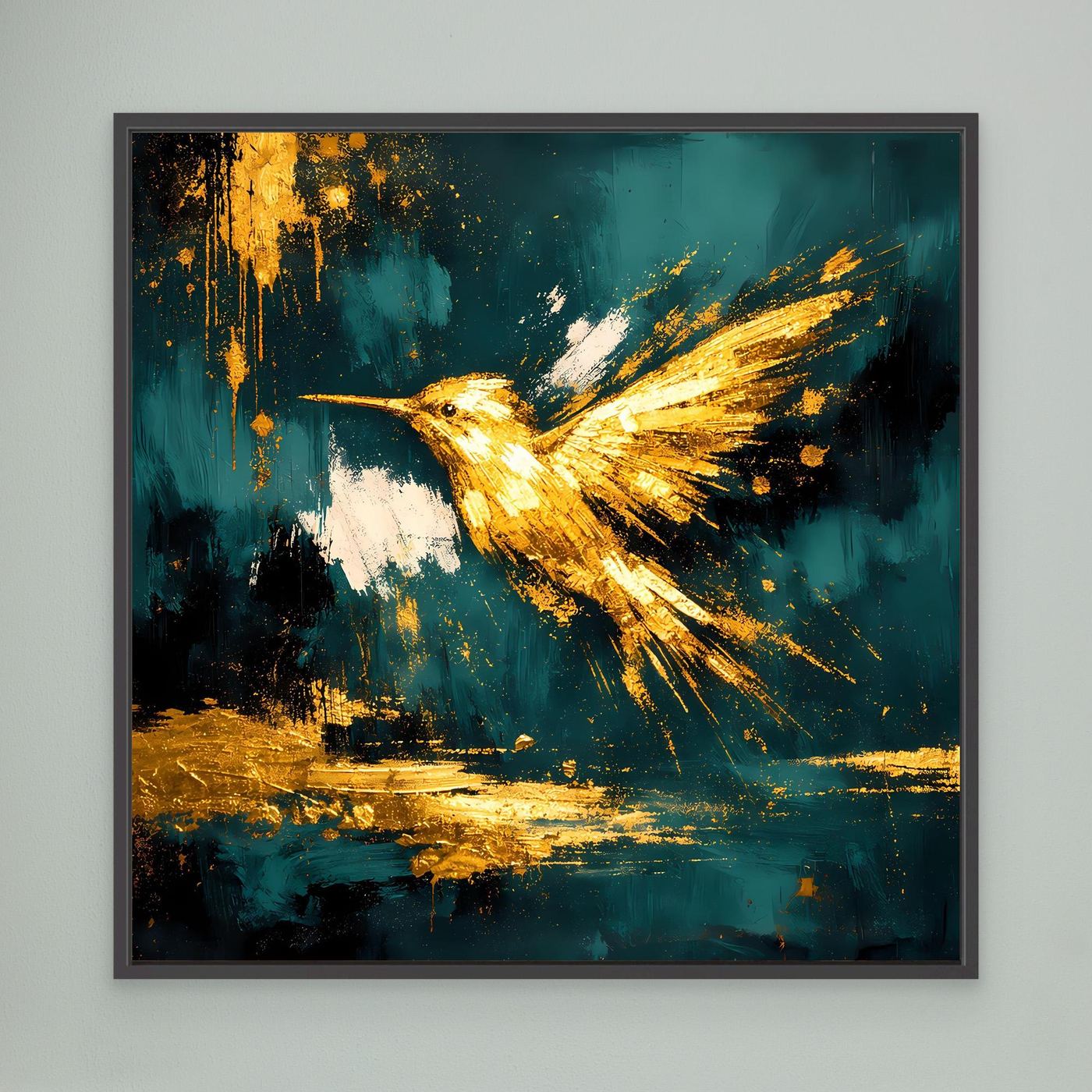 Leinwand Goldener Kolibri im Flug | Abstraktes Modernes Vogel Wandbild Kunst