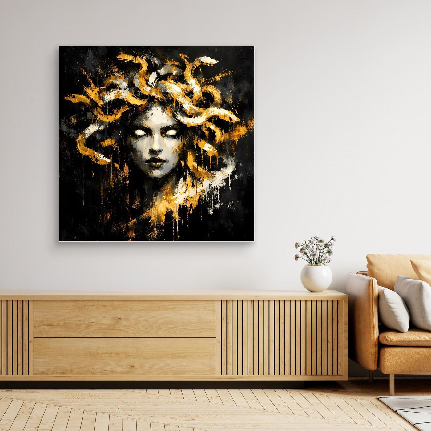 Leinwand Goldene Medusa Gorgone | Abstraktes Mythologie Wandbild Modern