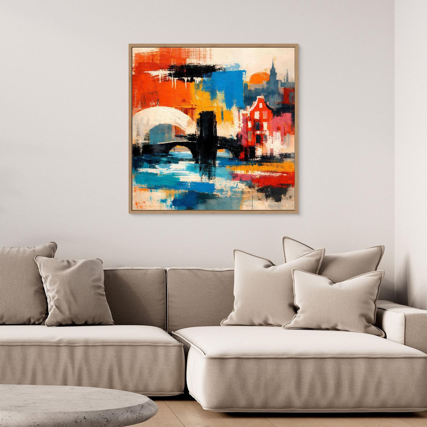 Abstraktes Leinwand-Wandbild mit roten und blauen Stadtmotiven, goldfarbener Rahmen