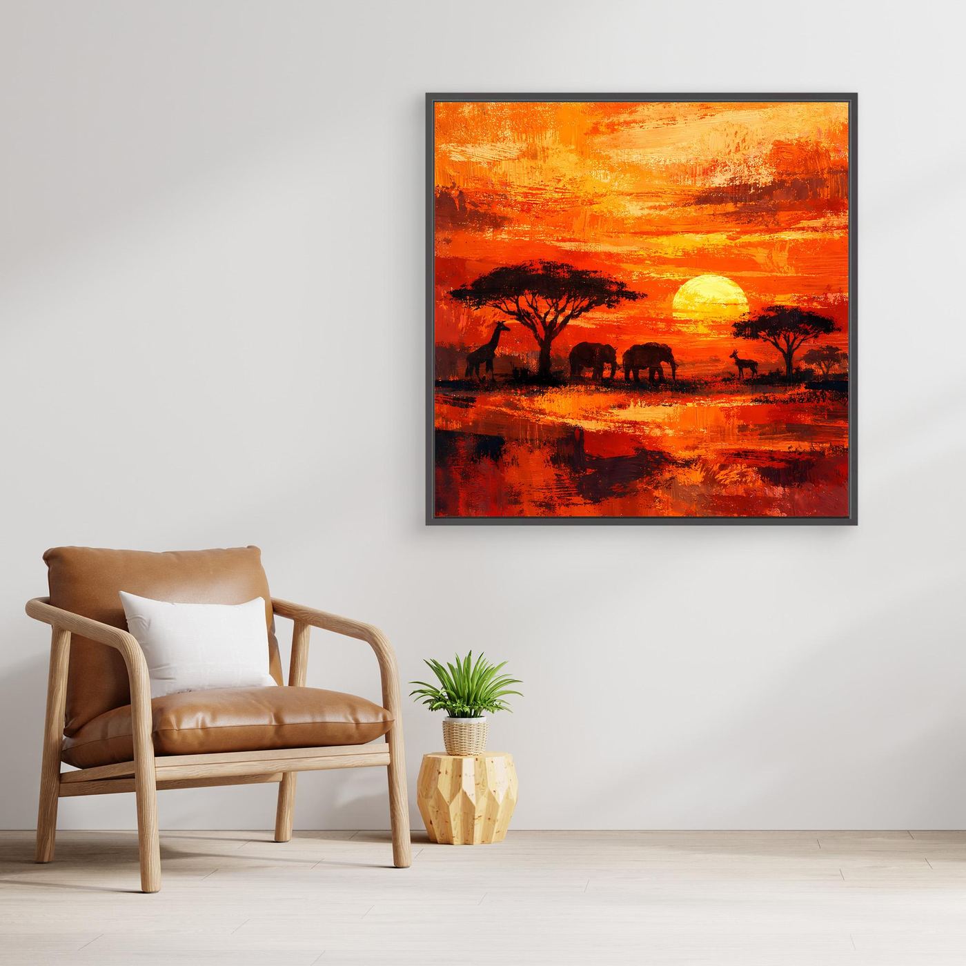 Leinwand Afrikanische Savanne bei Sonnenuntergang | Modernes Elefanten & Giraffen Wandbild