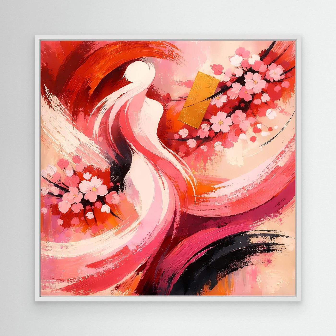 Abstraktes Wandbild mit hellem Rahmen: Kirschblüten, weiße Frauensilhouette, rote und rosa Pinselstriche