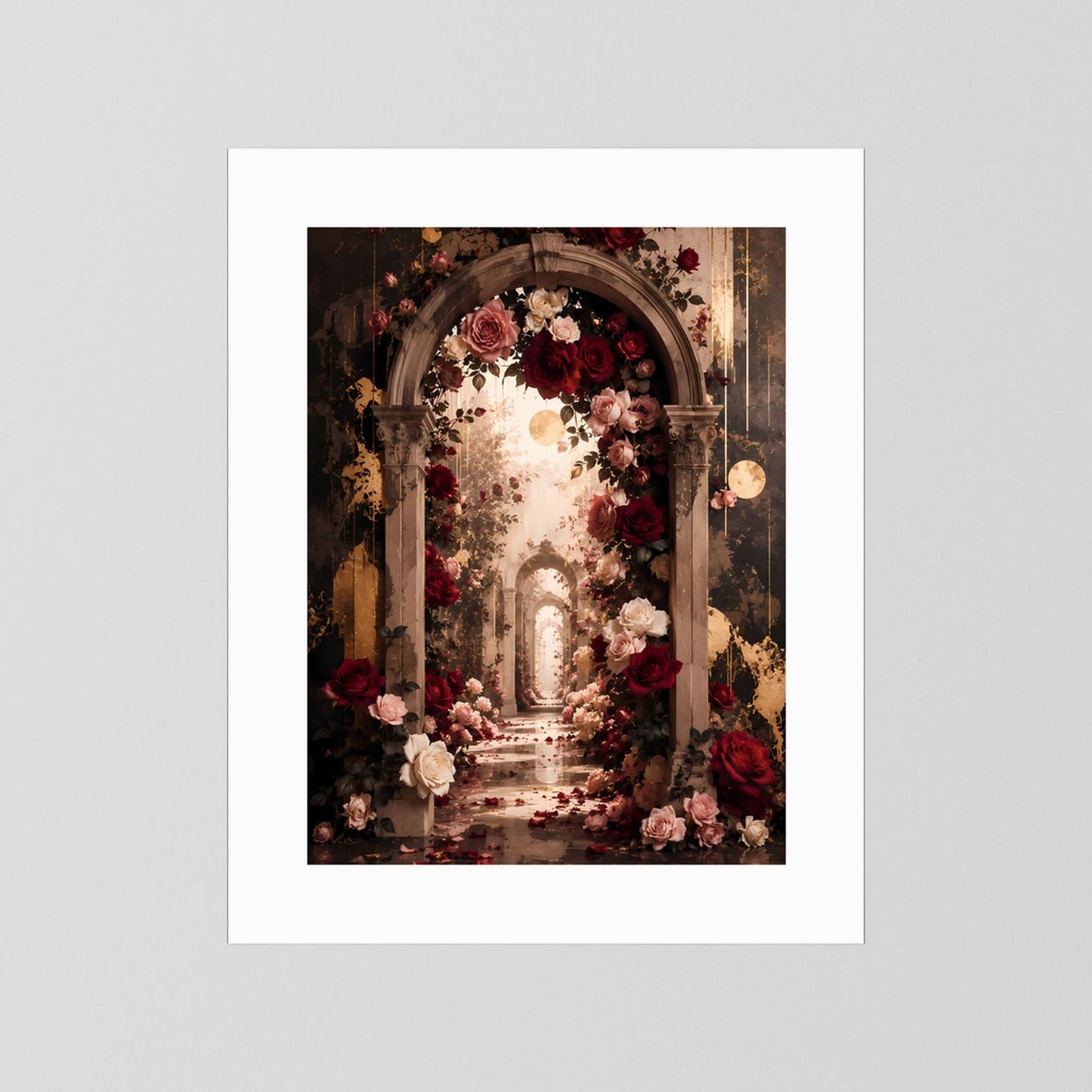 Hochformatiges Poster mit Rosenbogen und roten Rosen im weißen Passepartout