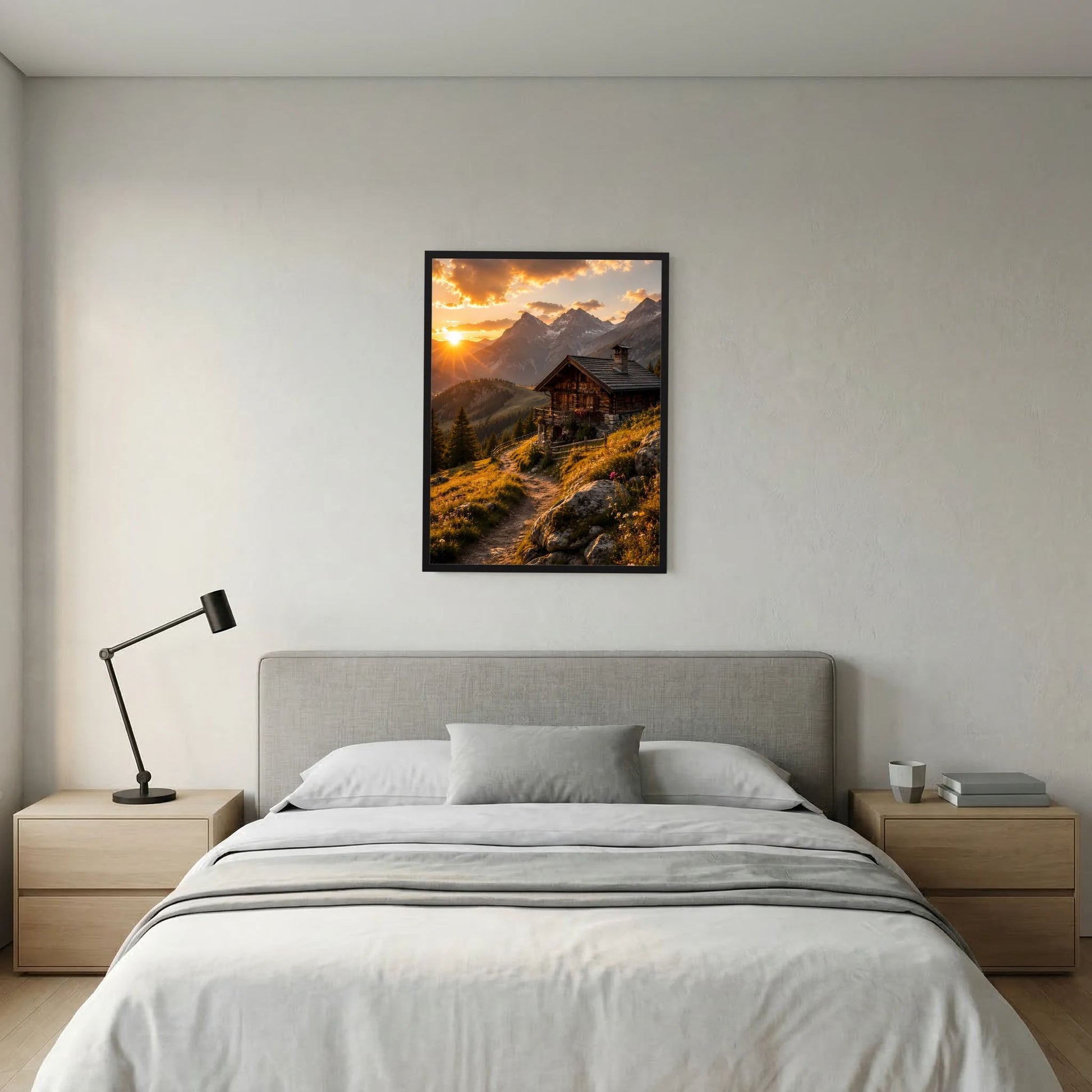 Hochformat-Poster mit schwarzem Rahmen, Alpenhütte im Sonnenuntergang, Pfad durch Wiesen