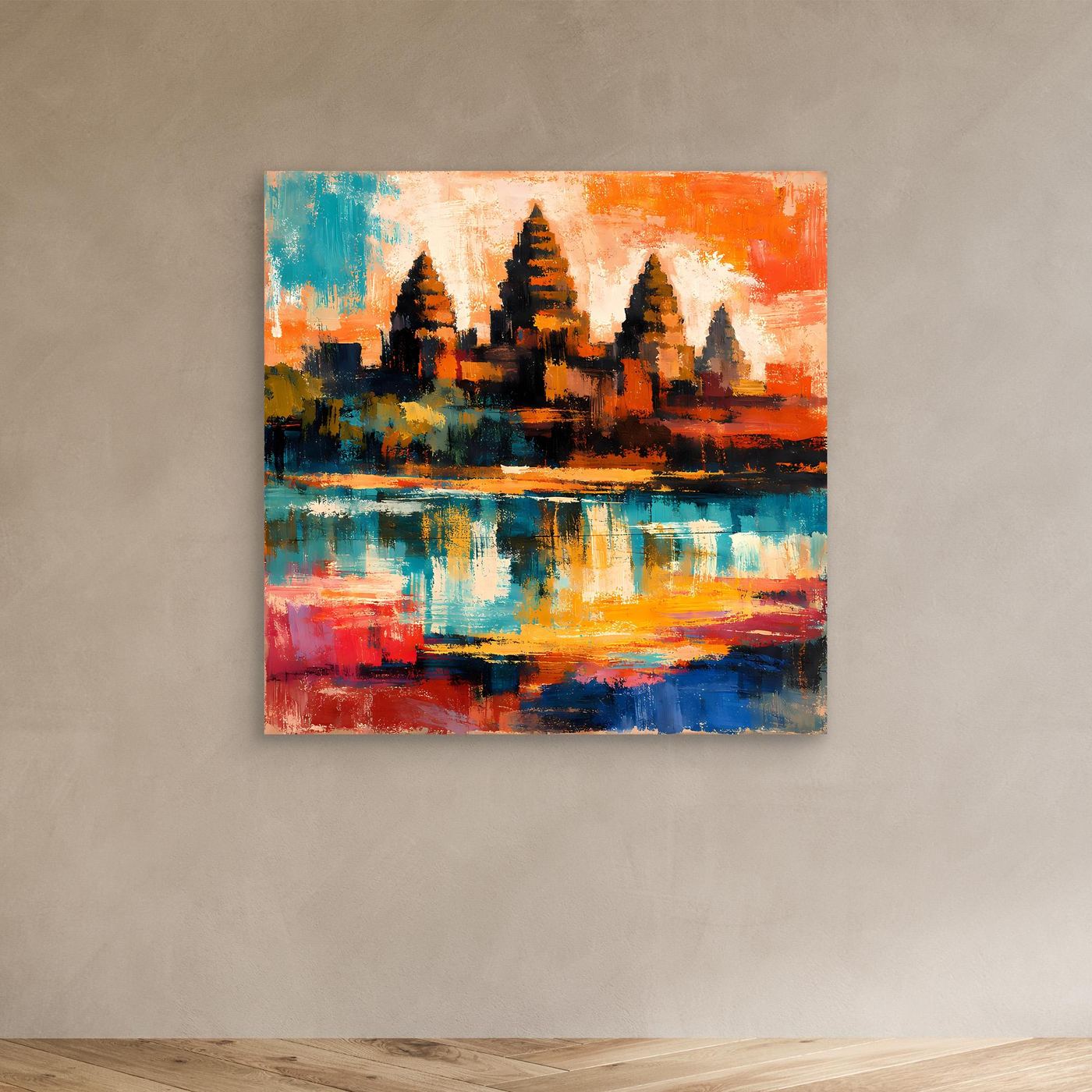 Leinwand-Wandbild ohne Rahmen, abstrakte Maya-Pyramide in kräftigem Orange-Blau mit Spiegelung