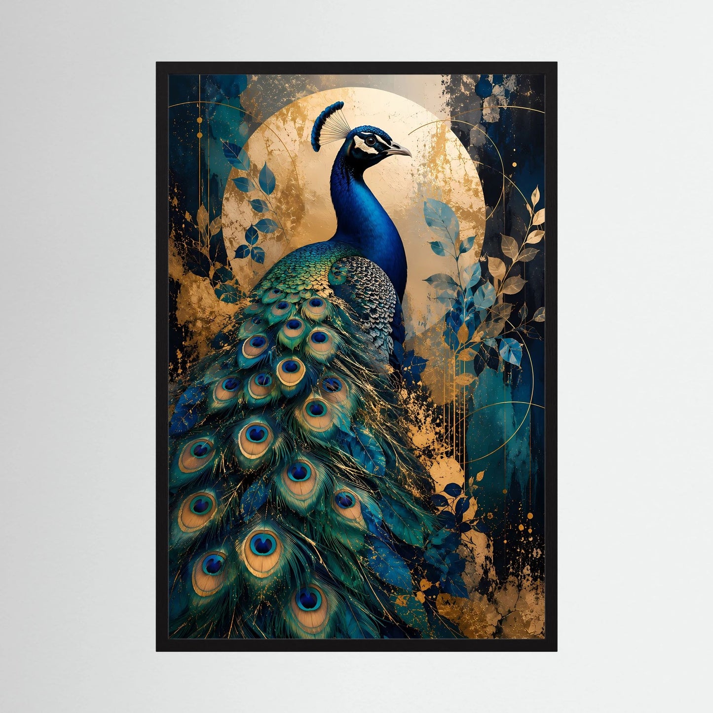 Pfau-Poster im schwarzen Rahmen, blau-goldene Tierkunst mit Pfauenfächer