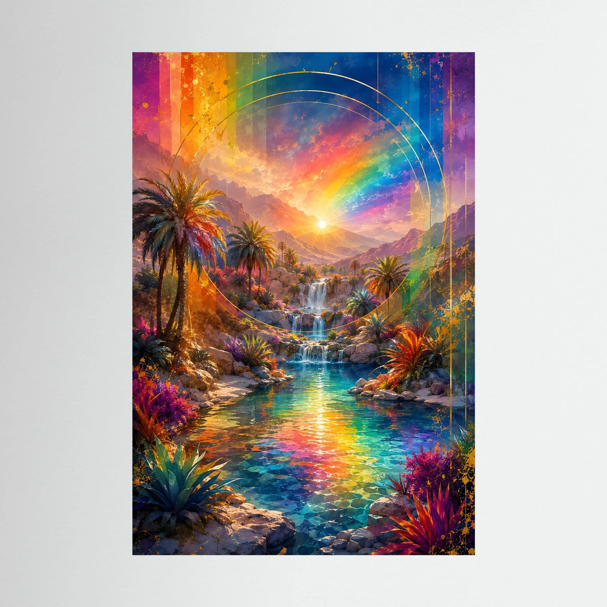 Hochformatiges Poster mit Regenbogen über Wasserfall und Palmen, leuchtende Farben.