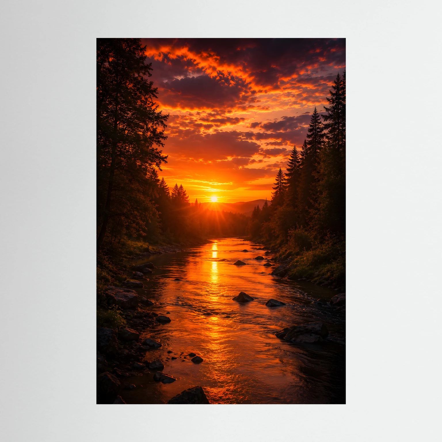 Poster im Hochformat mit Sonnenuntergang über Waldfluss, Feuerhimmel und reflektierendem Wasser