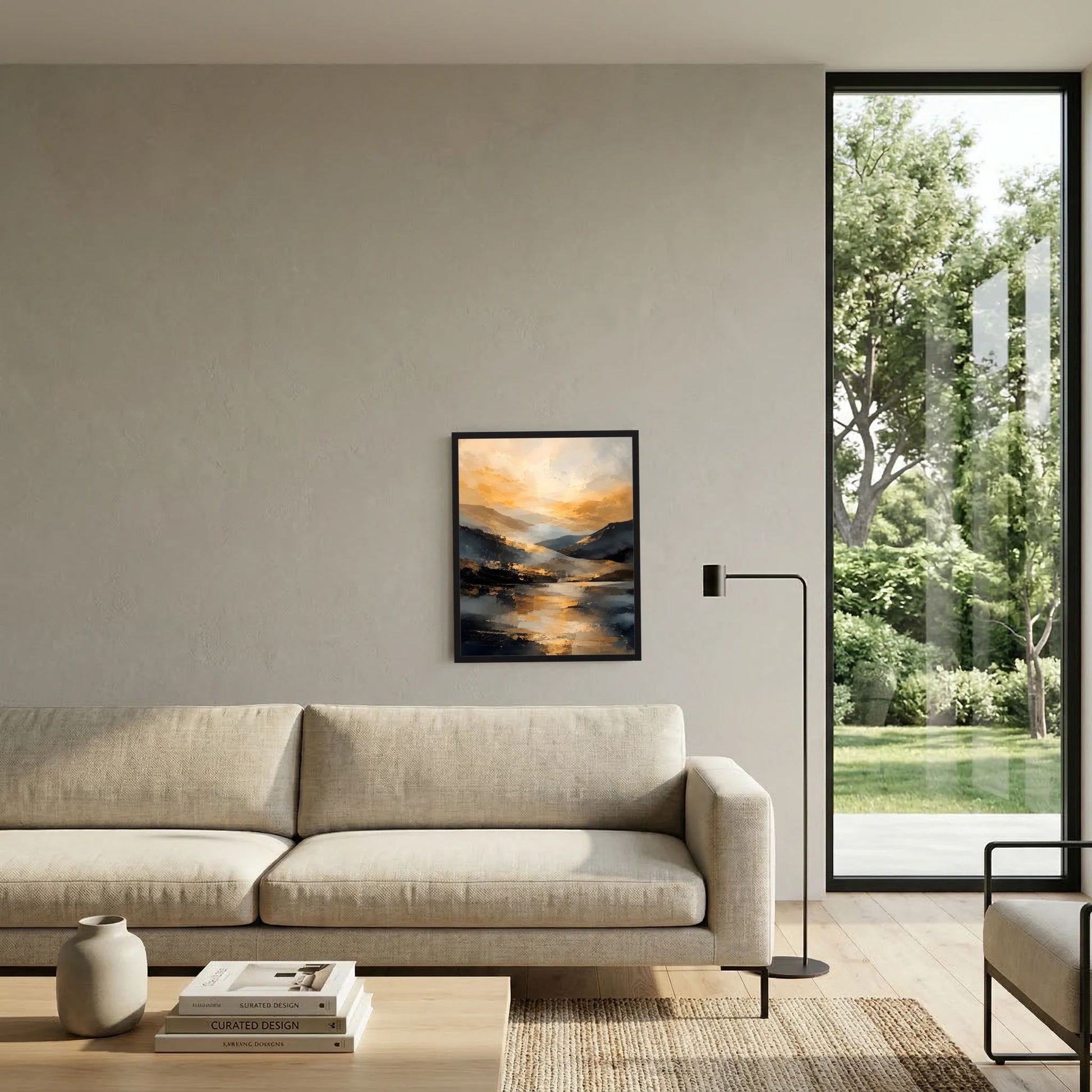 Kunstposter mit abstrakter Berglandschaft in Gold, Schwarz und Creme, schwarz gerahmt.