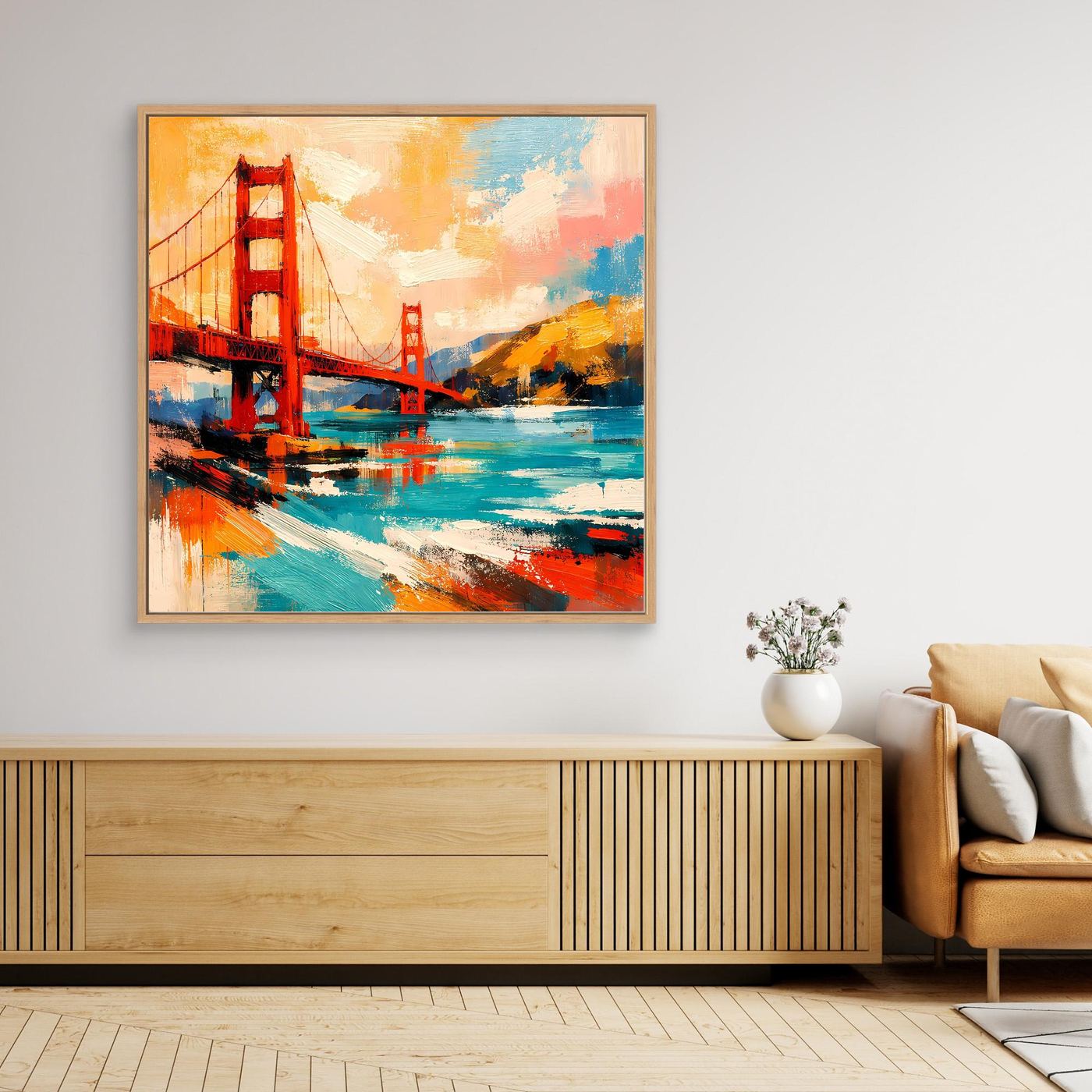 Light brown framed canvas wall art with abstract Golden Gate Bridge in teal, red, and orange