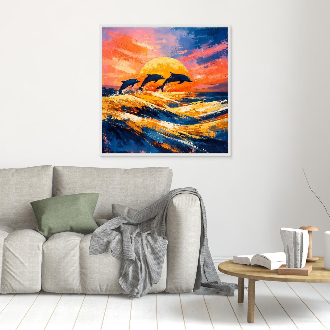 Leinwand Springende Delphine im Sonnenuntergang | Abstraktes Ozean & Meer Wandbild