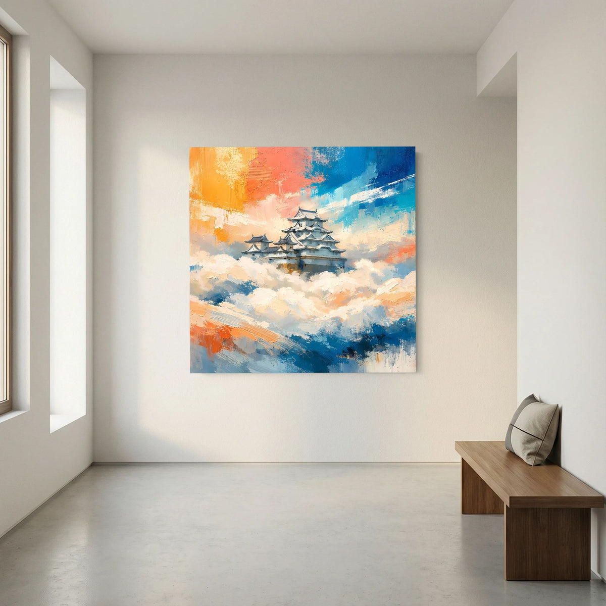 Rechteckiges Leinwandbild mit japanischer Burg und Wolkenlandschaft in Blau und Orange.