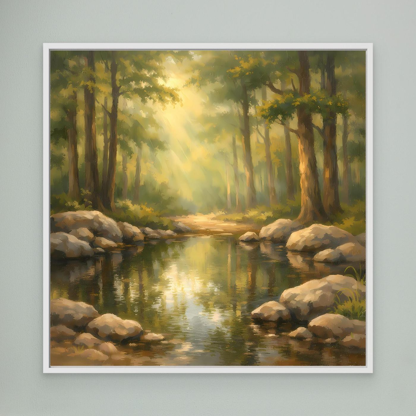 Leinwandbild Wald und Bach mit Sonnenstrahlen, weiße Umrandung