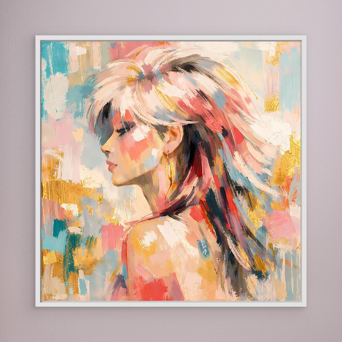 Leinwandbild mit abstraktem Frauenportrait, pastellfarben, weiß gerahmt