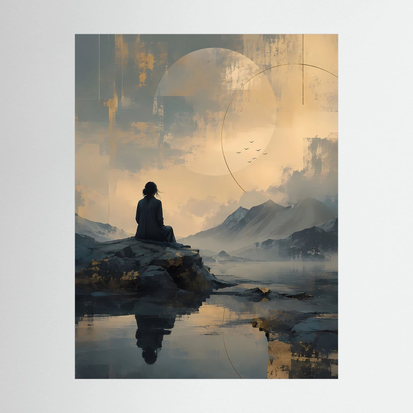 Hochformatiger Poster-Druck: Meditierende Figur auf Fels im See, Spiegelung, Berge, gold-grauer Mond.
