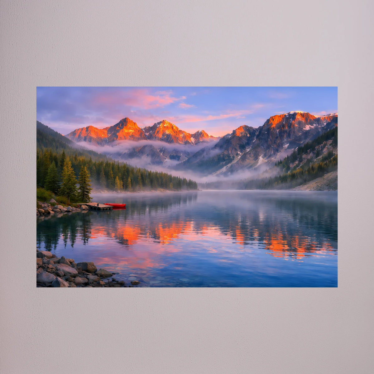 Querformatiges Wandbild mit Alpen- und See-Landschaft bei Sonnenuntergang