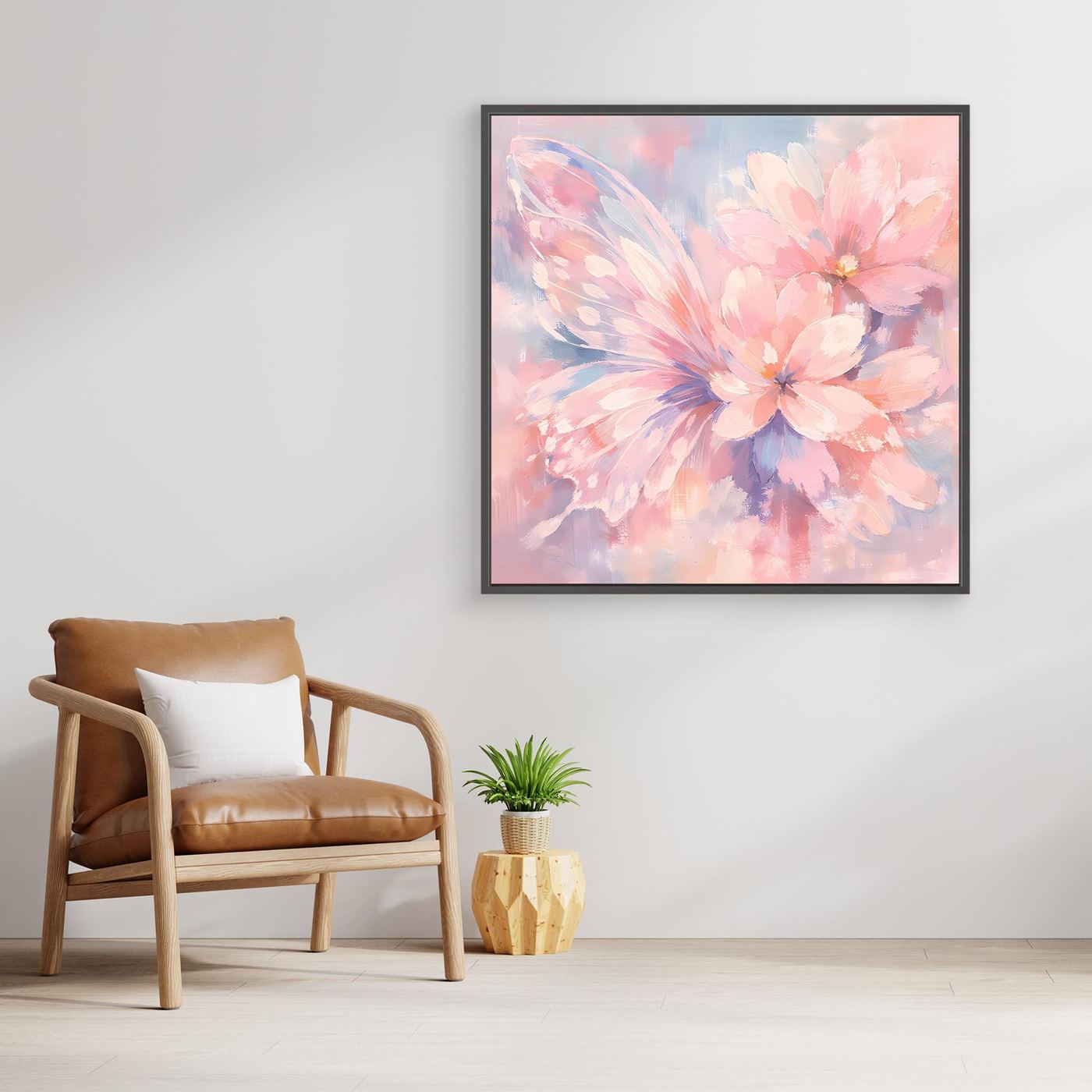 Quadratisches Leinwandbild mit Schmetterlingsblüte in Pastell, schwarzer Rahmen