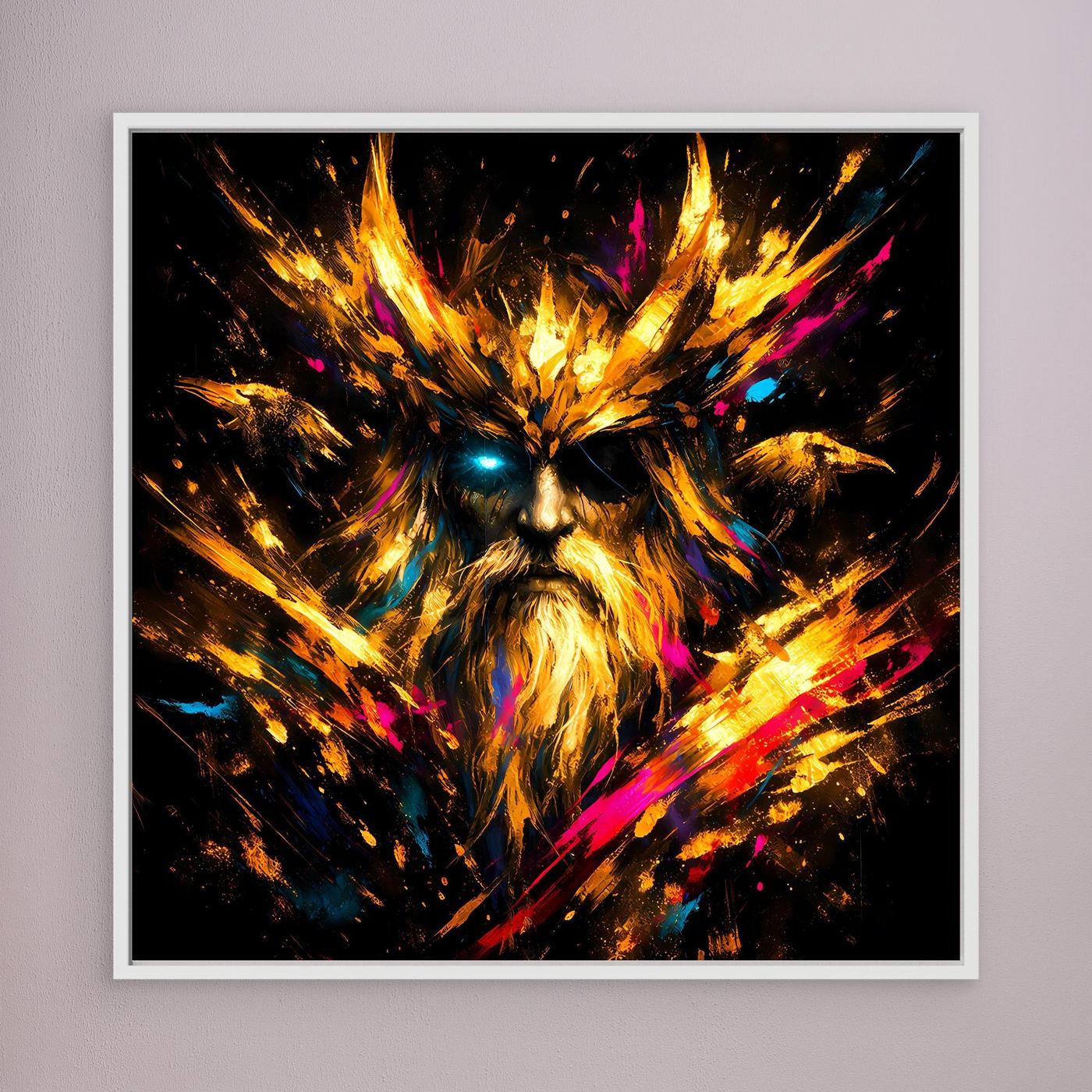Leinwand Goldener Odin der Allvater mit Raben | Modernes Nordisches Mythologie Wandbild