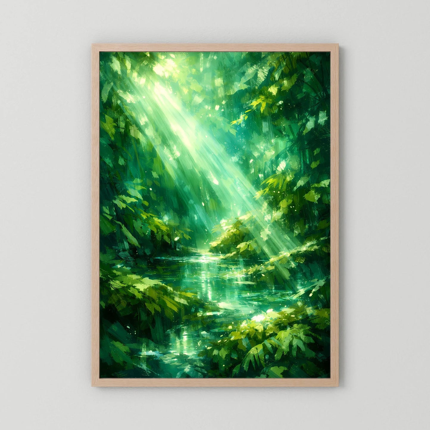 Poster im hellen Holzrahmen mit grünem Waldsee und leuchtenden Sonnenstrahlen