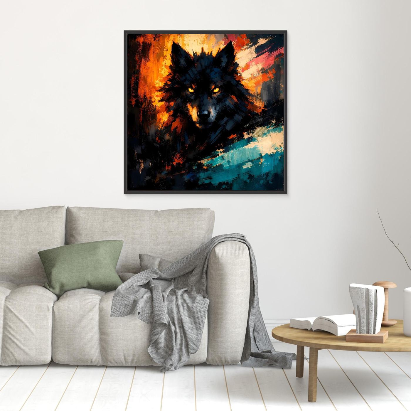 Kleines Wandbild mit abstraktem Wolfsgesicht, Flammenfarben, türkisfarbene Pinselstriche, schwarzer Rahmen