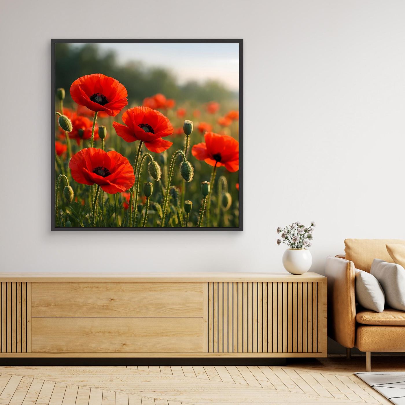 Klatschmohn-Wandbild mit rotem Blütenmotiv und schwarzem Rahmen