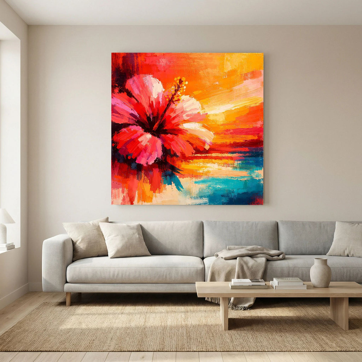 Abstraktes Hibiskusblütenbild auf Leinwand mit roten Blüten und blauem Meer-Akzent