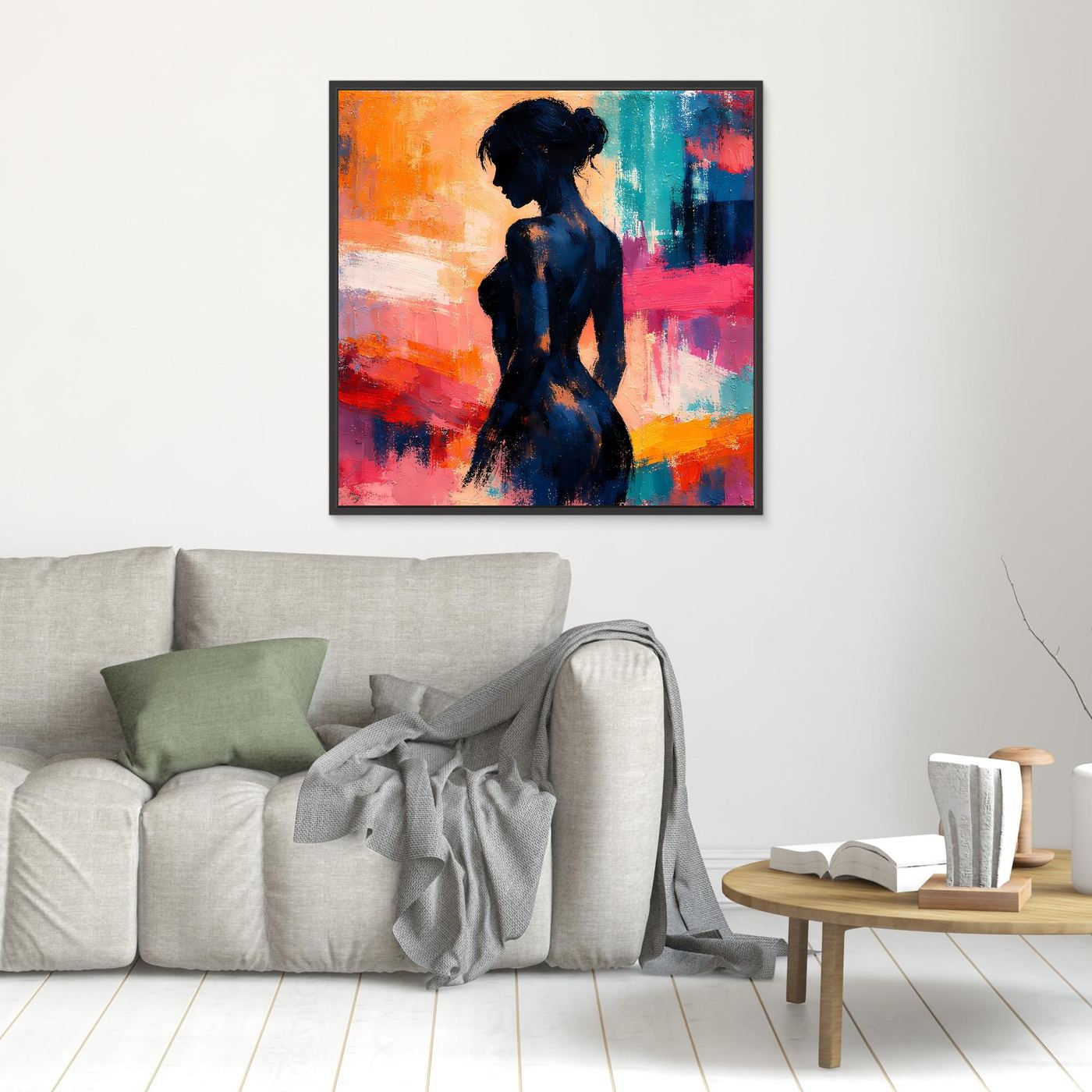 Kleines Leinwand-Wandbild mit abstrakter Frauen-Silhouette in dunklem Blau, schwarzer Rahmen