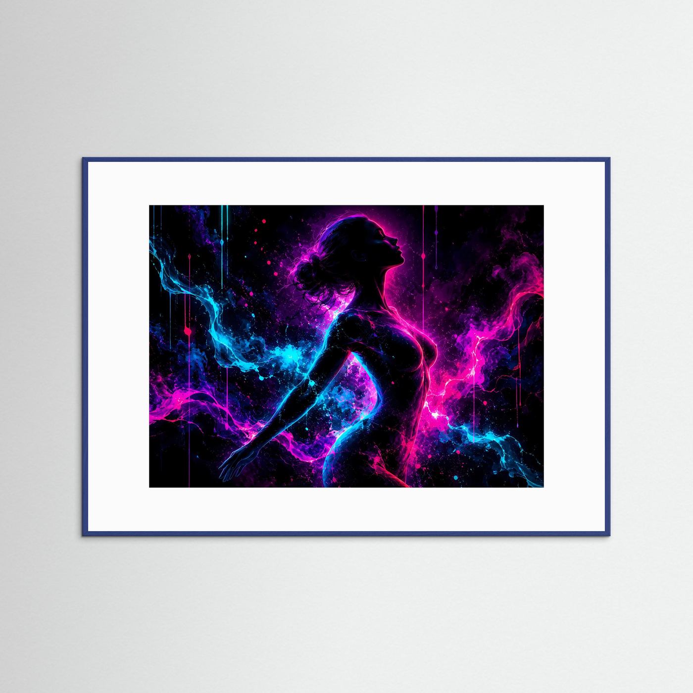 Neon Frauen Silhouette Poster | Abstrakte Moderne Wandkunst in Pink Blau | Leuchtender Frauenkörper | Futuristischer Kunstdruck