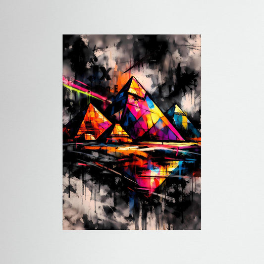 The Neon Pyramids | Luxuriöses Pyramiden Poster in Bunt & Schwarz | Abstraktes Ägypten Kunstposter Hochformat
