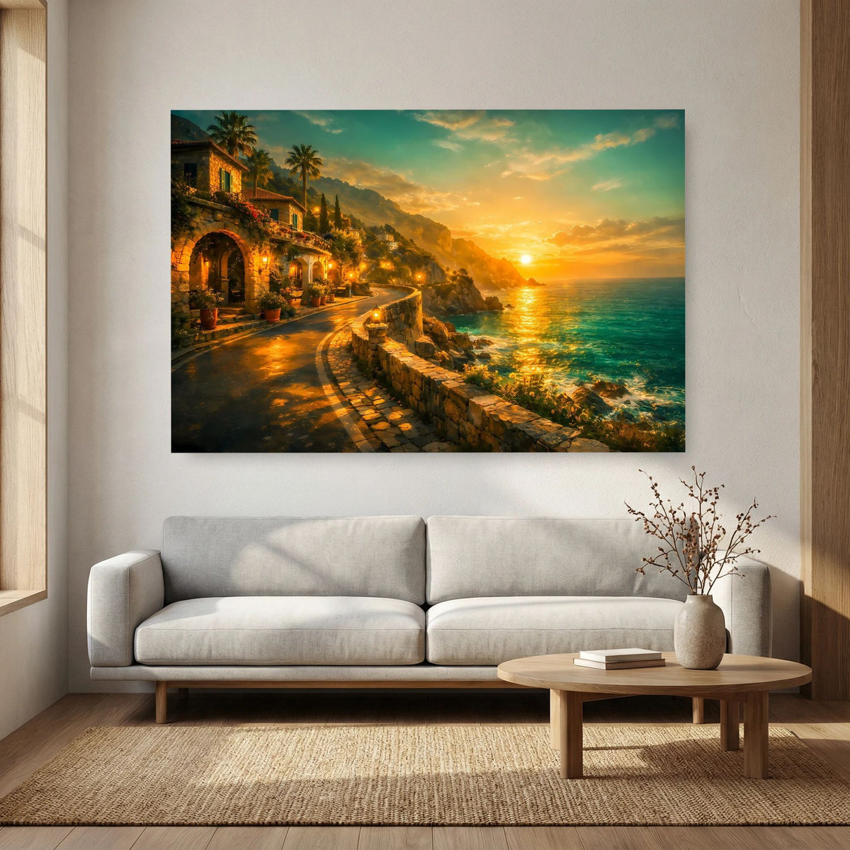 Wandbild mit Küstenstraße und Meer bei Sonnenuntergang, im Querformat