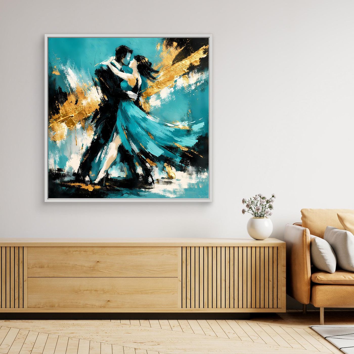 Leinwand Abstraktes Tanzpaar in Türkis und Gold | Modernes Romantisches Paar Wandbild