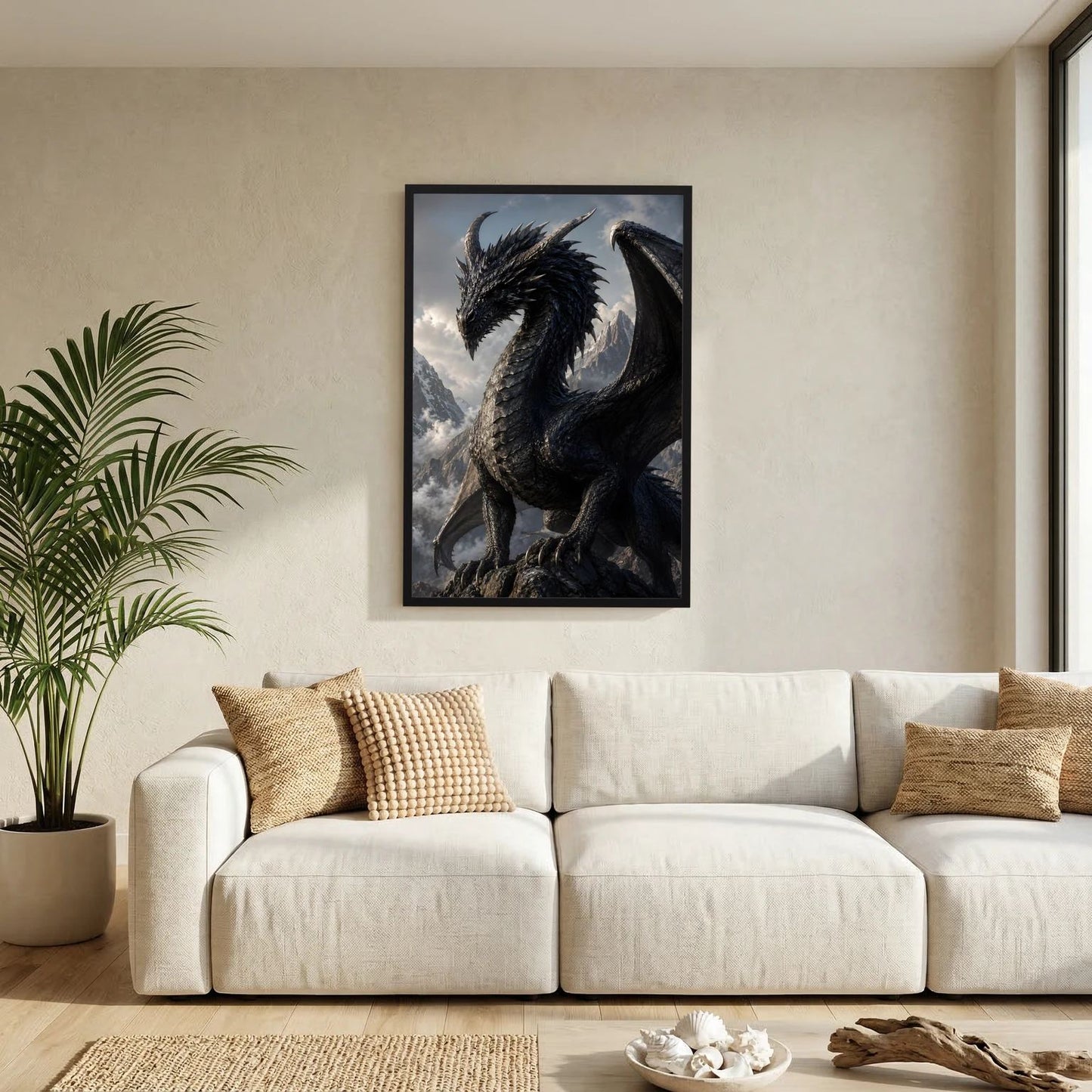Fantasy-Drachenposter mit schwarzem Drachen in Berglandschaft, schwarzer Rahmen
